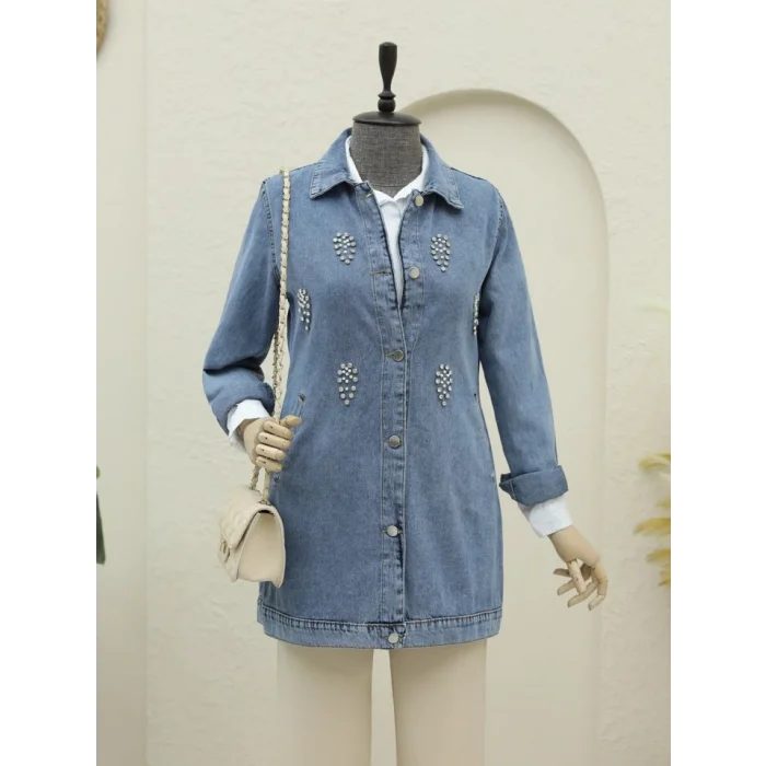 Küme Taş Detaylı Düğmeli Kot Ceket -Buz Mavi