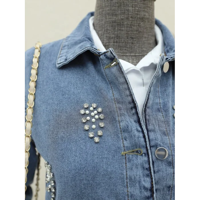 Küme Taş Detaylı Düğmeli Kot Ceket -Buz Mavi