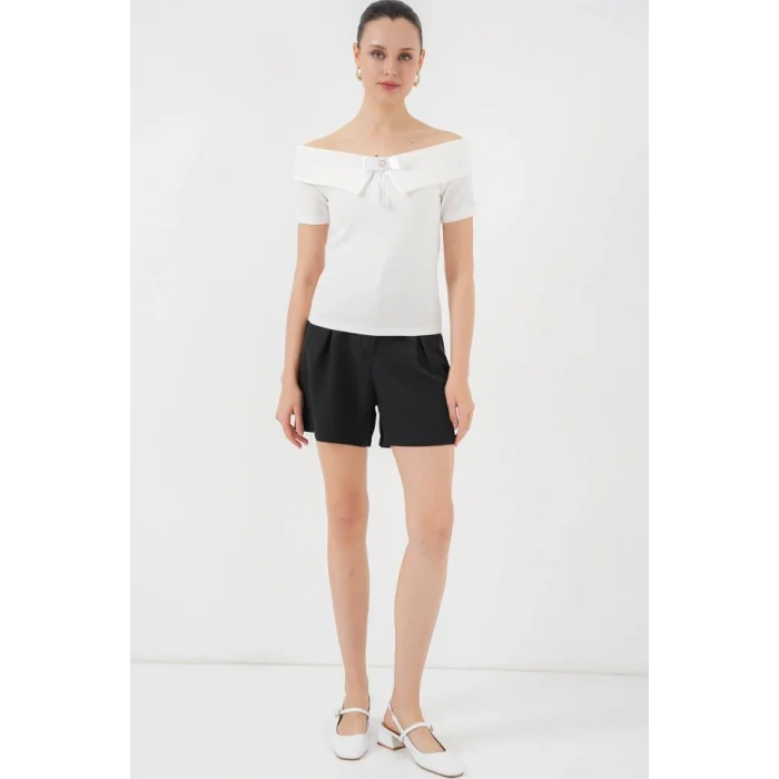 Kurdele Detaylı Örme Bluz 949 - Beyaz