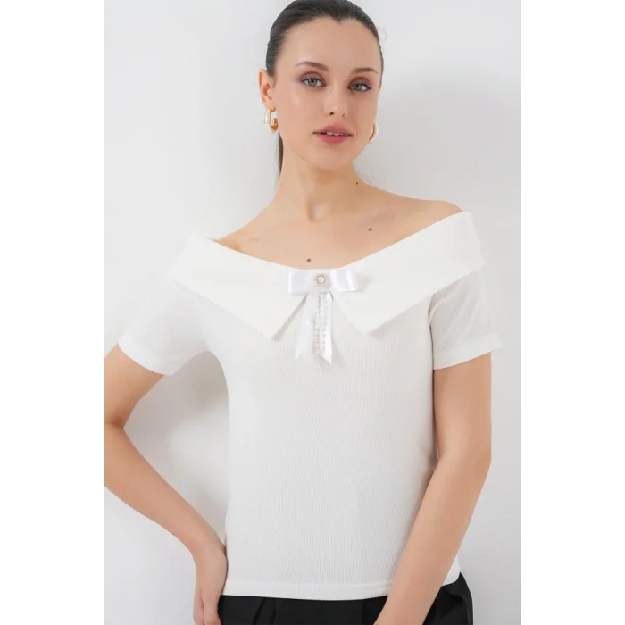 Kurdele Detaylı Örme Bluz 949 - Beyaz