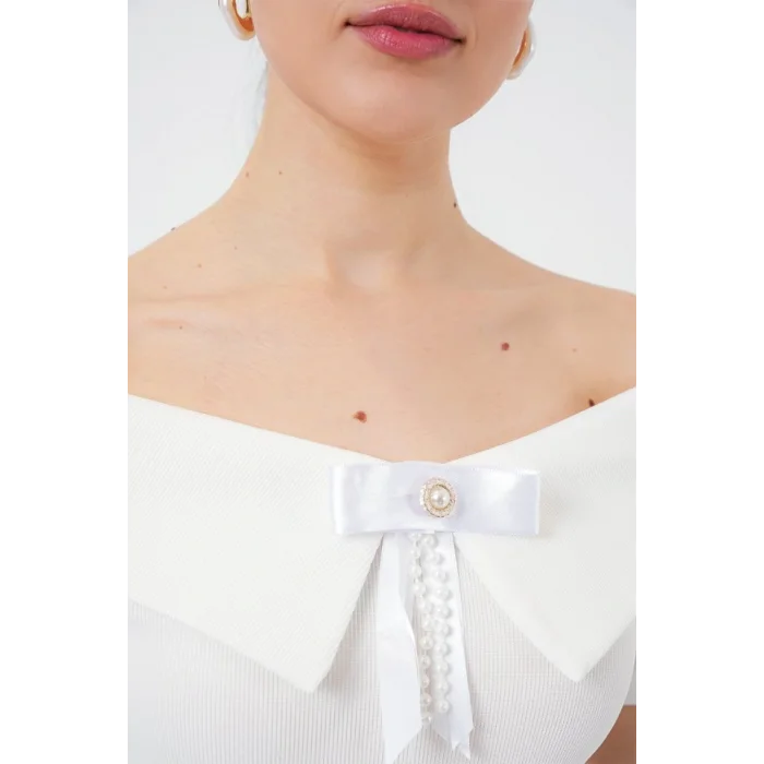 Kurdele Detaylı Örme Bluz 949 - Beyaz