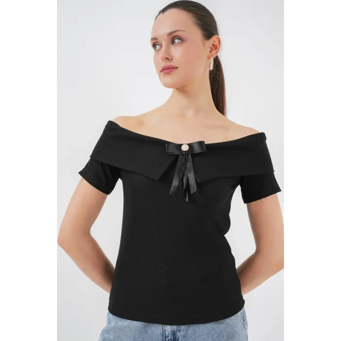 Kurdele Detaylı Örme Bluz 949 - Siyah