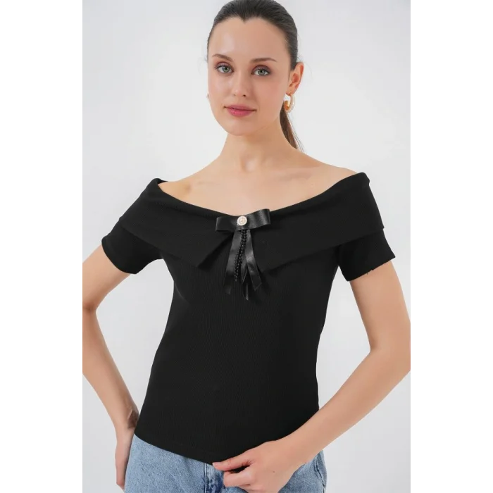 Kurdele Detaylı Örme Bluz 949 - Siyah