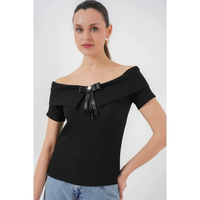 Kurdele Detaylı Örme Bluz 949 - Siyah