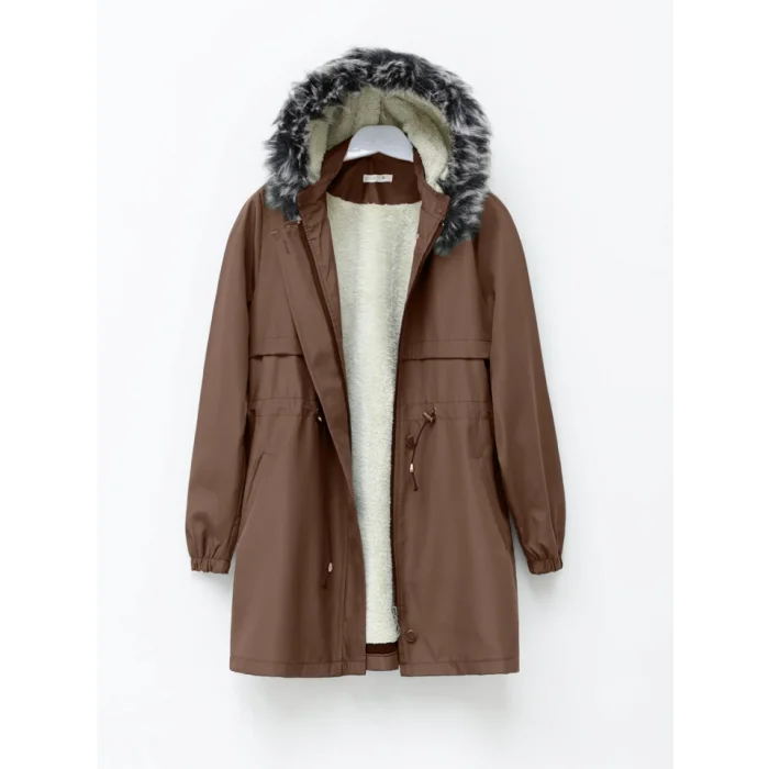 Kürklü Çıkma Kapşonlu Bağcıklı Bondit Kaban -Taba