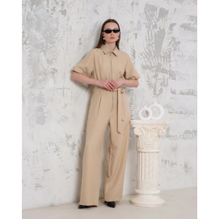 Kuşaklı gömlek yaka salaş tulum bej s255822