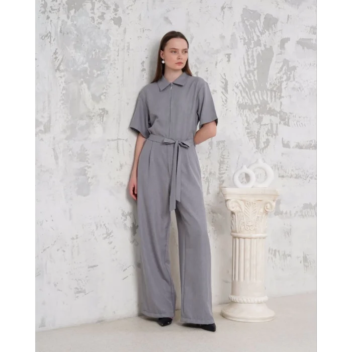 Kuşaklı gömlek yaka salaş tulum gri s255822