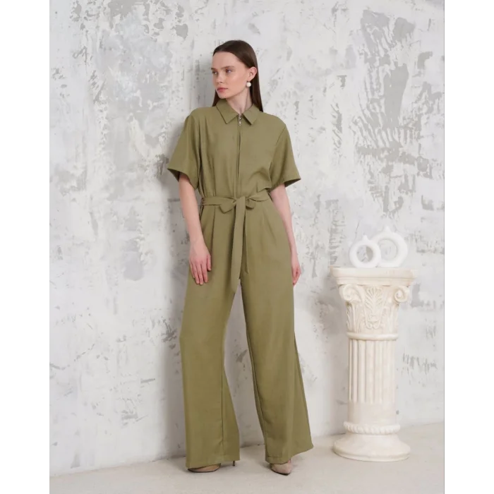 Kuşaklı gömlek yaka salaş tulum haki s255822