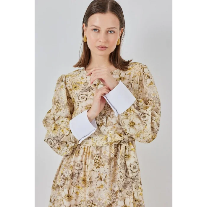 Kuşaklı Uzun Elbise 2584 - B.Sarı