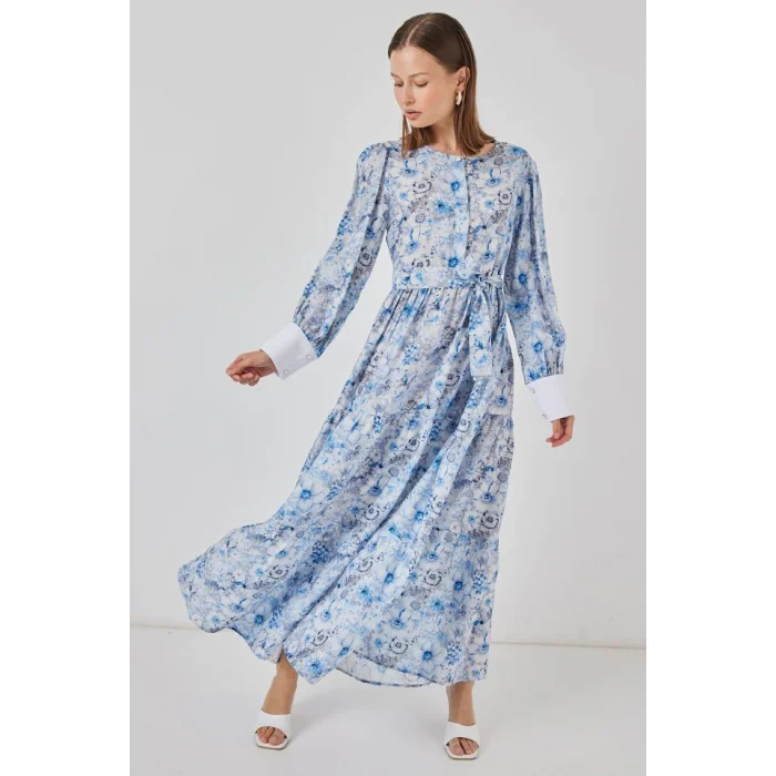 Kuşaklı Uzun Elbise 2584 - Mavi