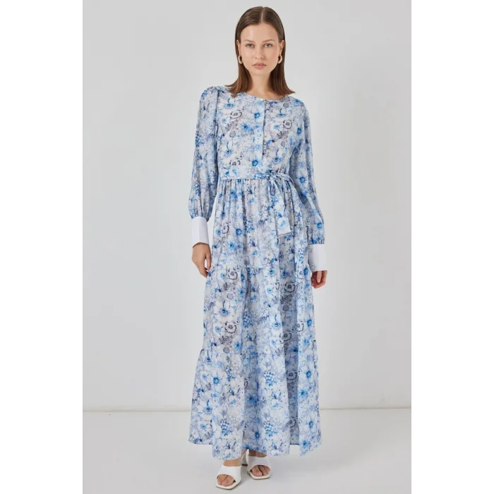 Kuşaklı Uzun Elbise 2584 - Mavi