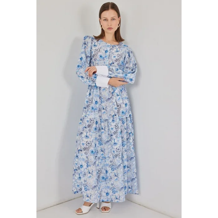 Kuşaklı Uzun Elbise 2584 - Mavi
