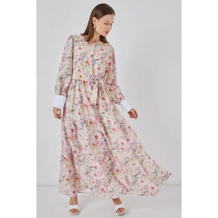 Kuşaklı Uzun Elbise 2584 - Pembe