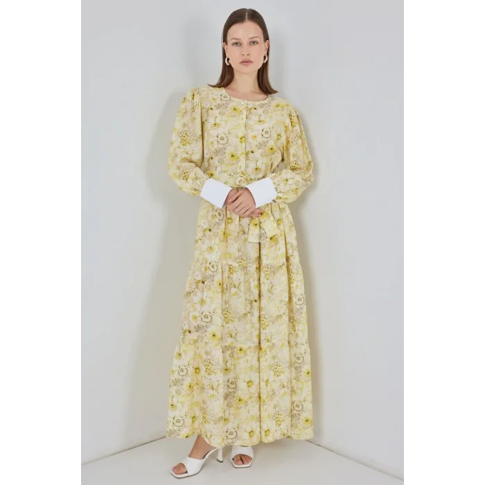 Kuşaklı Uzun Elbise 2584 - Sarı