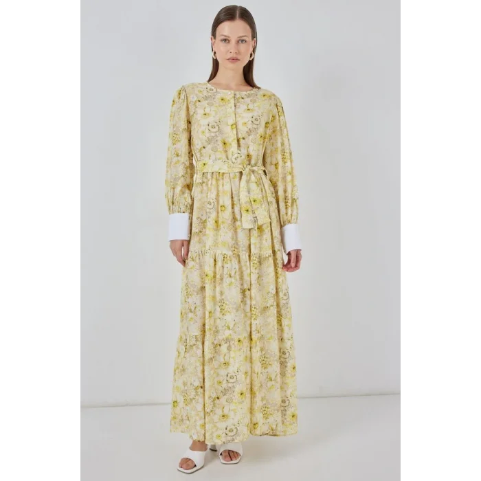 Kuşaklı Uzun Elbise 2584 - Sarı