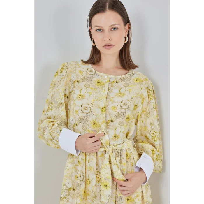 Kuşaklı Uzun Elbise 2584 - Sarı