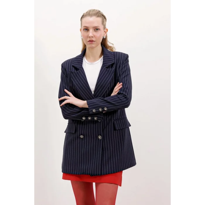 Lacivert Çift Düğmeli Çizgili Blazer Ceket 0699
