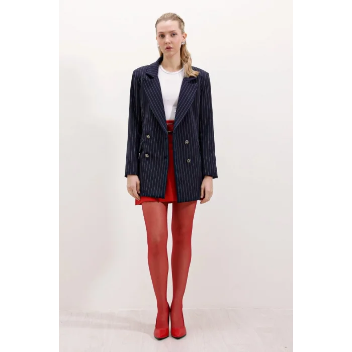 Lacivert Çift Düğmeli Çizgili Blazer Ceket 0699