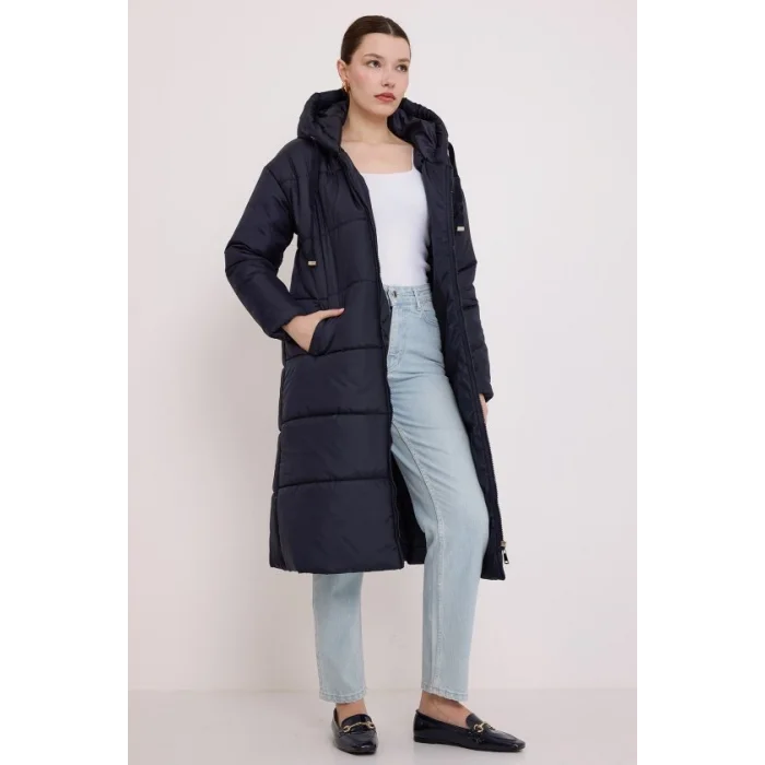 Lacivert Kapşonlu Uzun Şişme Mont 5120