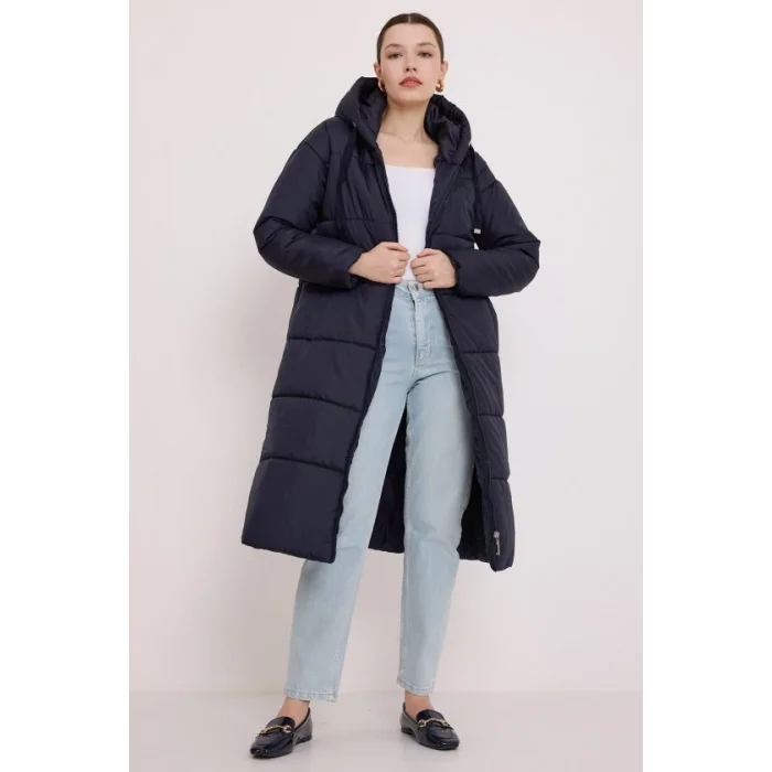 Lacivert Kapşonlu Uzun Şişme Mont 5120