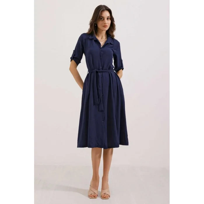 Lacivert Kuşaklı Gömlek Elbise 2442