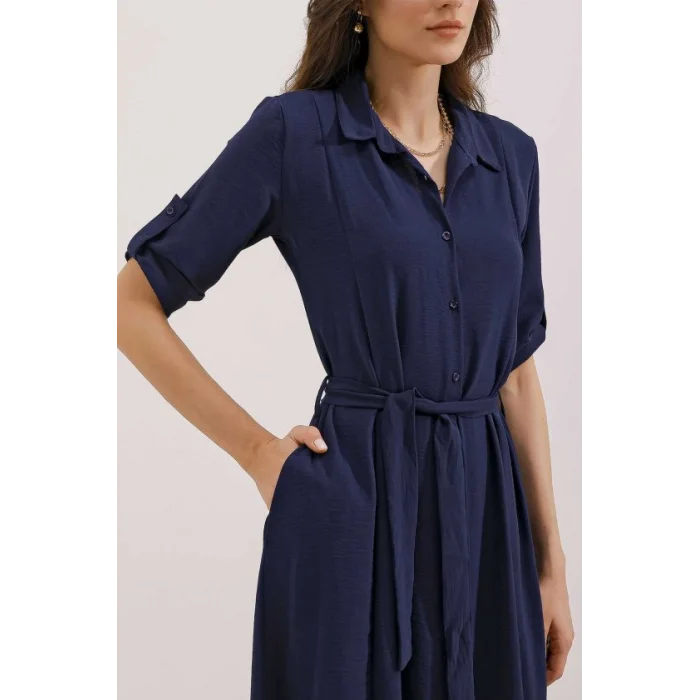 Lacivert Kuşaklı Gömlek Elbise 2442