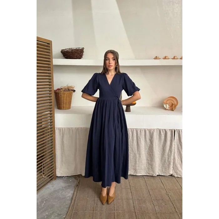 Lacivert Müslin Uzun Elbise