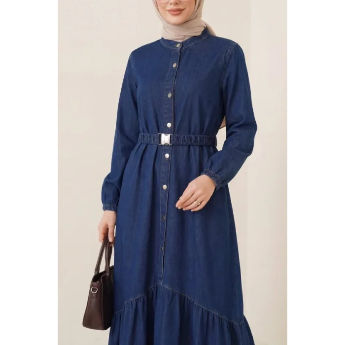 Lastik Kemerli Düğmeli Uzun Kot Elbise  -Laci