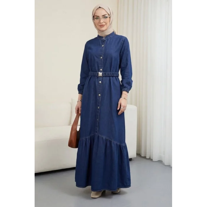 Lastik Kemerli Düğmeli Uzun Kot Elbise  -Laci