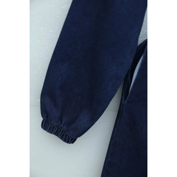 Lastik Kemerli Düğmeli Uzun Kot Elbise  -Laci