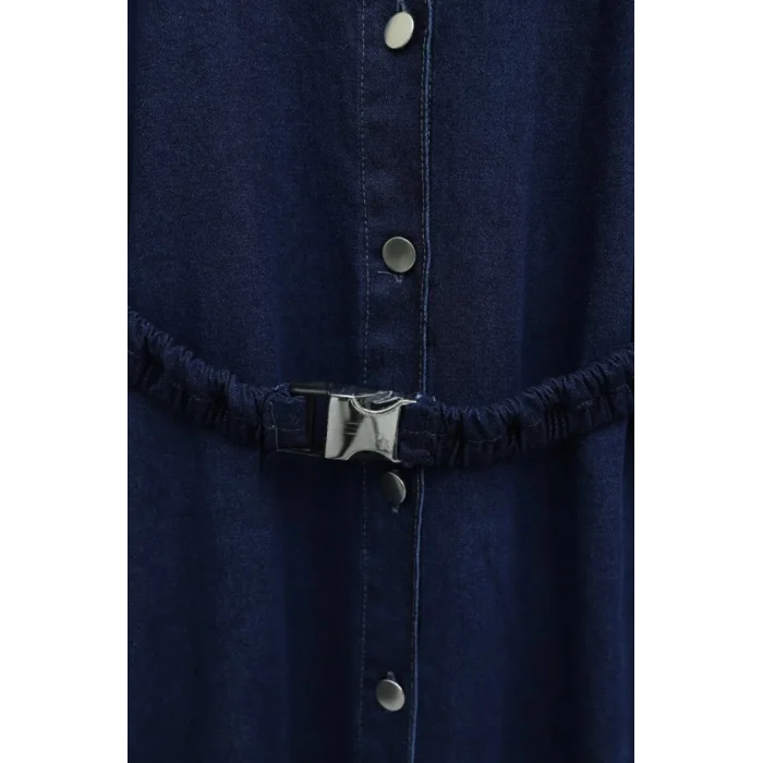 Lastik Kemerli Düğmeli Uzun Kot Elbise  -Laci