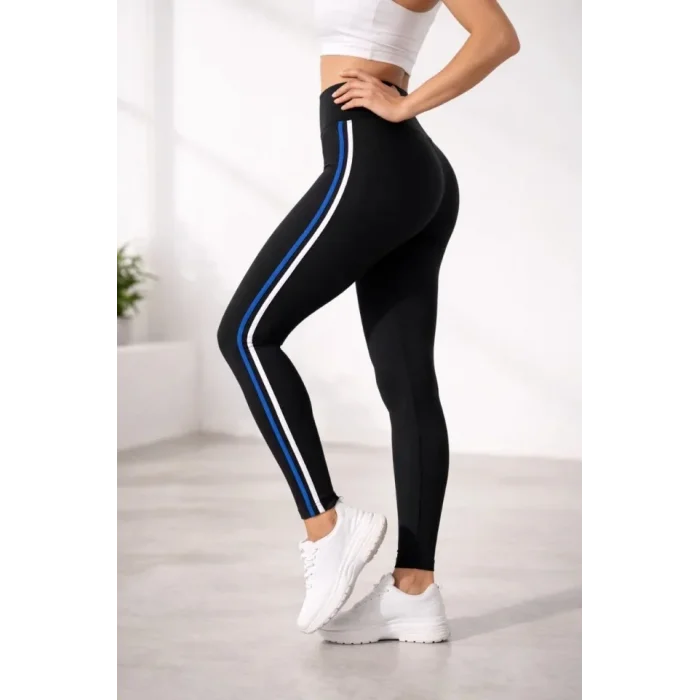 Likralı Yan Beyaz Mavi Şeritli Detaylı Tayt - Siyah