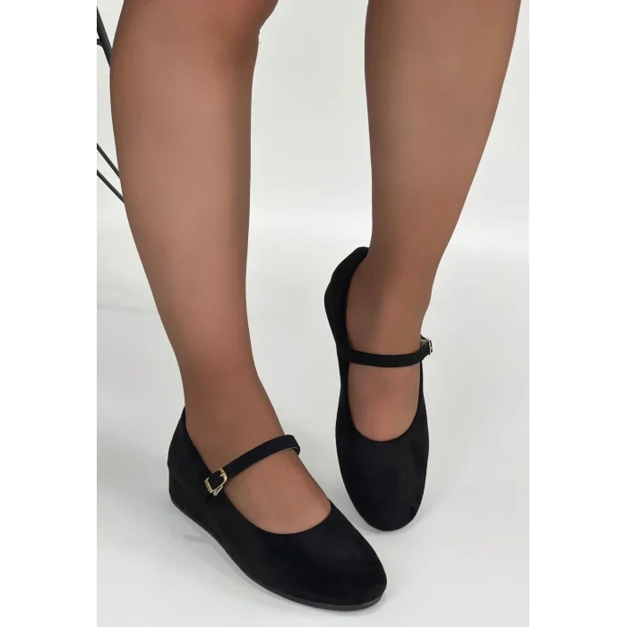 Lossa Siyah Süet Kemerli Babet Ayakkabı