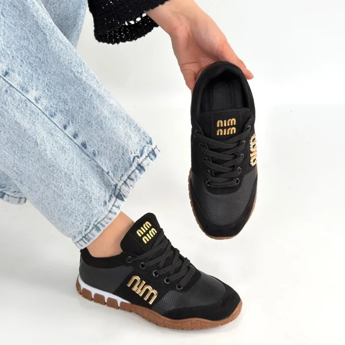 Marje Siyah Cilt Bağcıklı Spor Ayakkabı