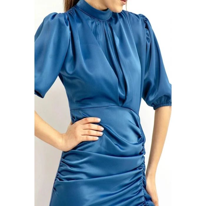 Mavi Büzgülü Saten Elbise