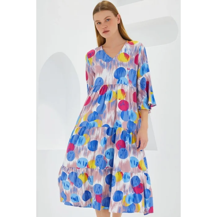 Mavi Kırmızı Desenli Kısa Kol Viskon Elbise 1959