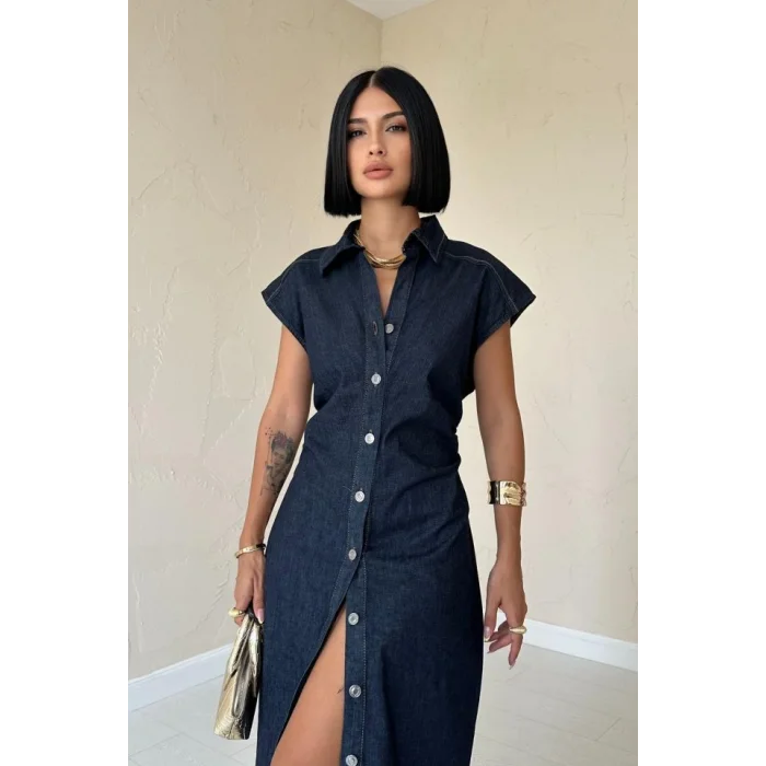 Mavi Kolsuz Vatkalı Elbise