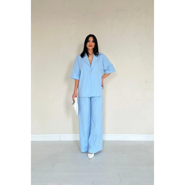 Mavi Önü Tek Düğmeli Ceket Pantolon Takım