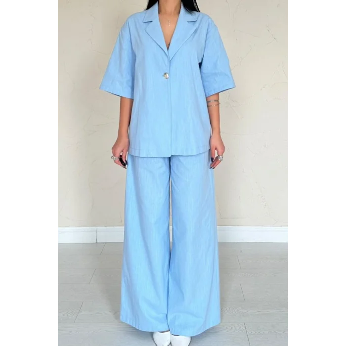 Mavi Önü Tek Düğmeli Ceket Pantolon Takım
