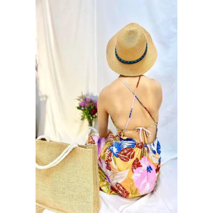 Mavi Sırt Dekolteli Keten Elbise