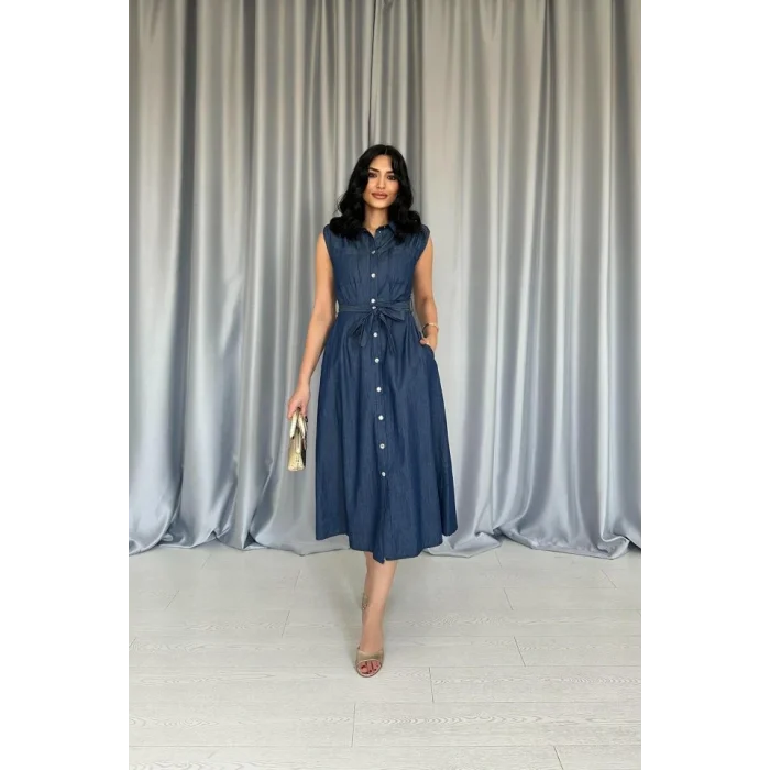 Mavi Tencel Çıtçıtlı Elbise