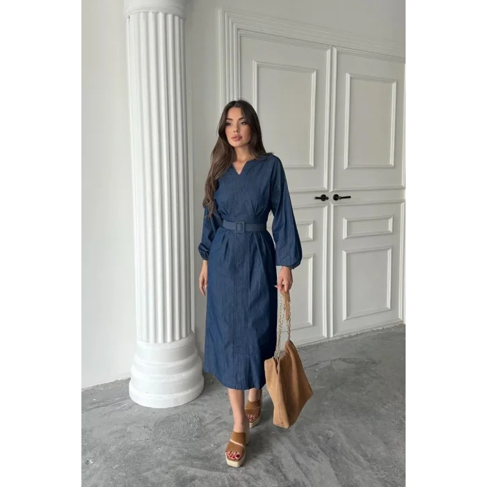 Mavi Tencel Uzun Kollu Elbise