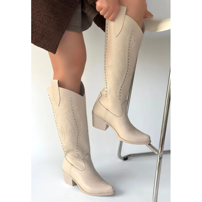 Meof Bej Cilt Topuklu Çizme