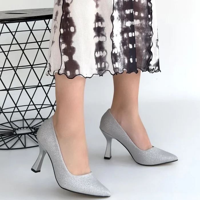 Meyli Gümüş Saten Simli Topuklu Ayakkabı