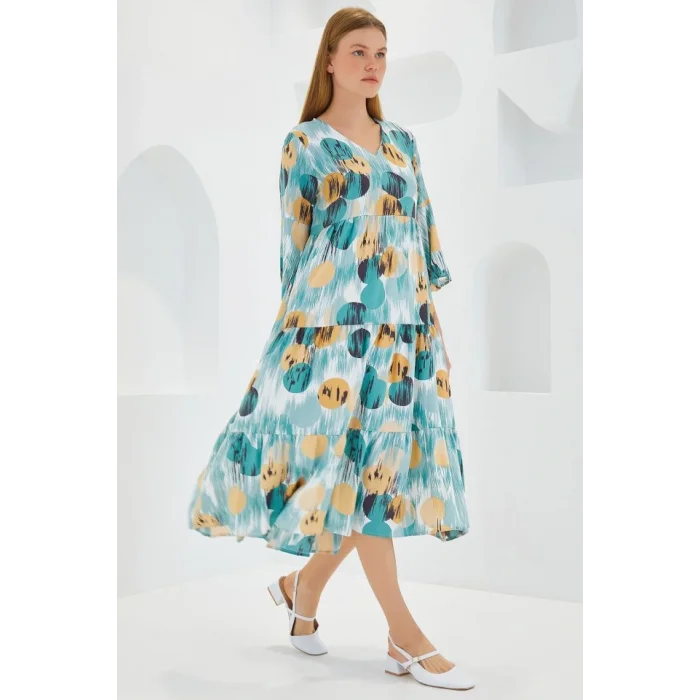 Mint Bej Desenli Kısa Kol Viskon Elbise 1959