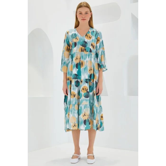 Mint Bej Desenli Kısa Kol Viskon Elbise 1959