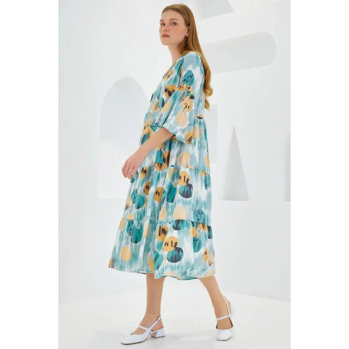 Mint Bej Desenli Kısa Kol Viskon Elbise 1959