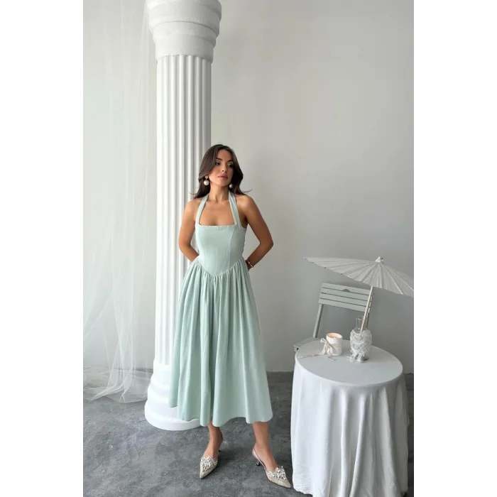 Mint Boyundan Bağlamalı Keten Elbise