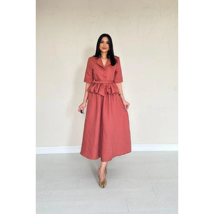 Moccah İnce Kemerli Fırfırlı Ceket Ve Büzgülü Etek Takım