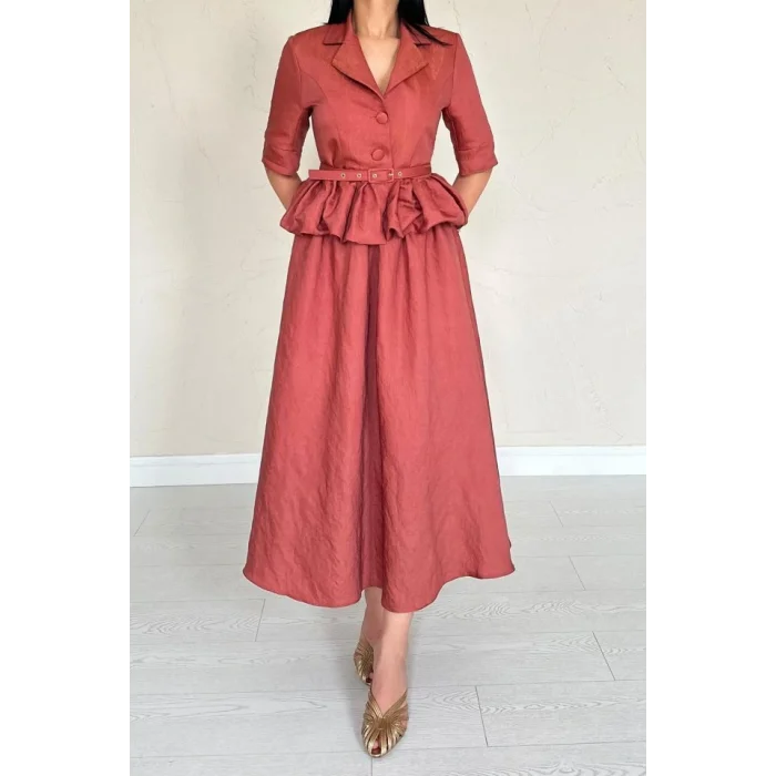 Moccah İnce Kemerli Fırfırlı Ceket Ve Büzgülü Etek Takım